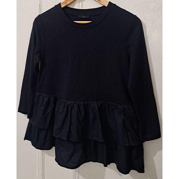 Cos Womens Small Baby Doll Tiered Top Navy Blue Blouse Ruffle Hem - Picture 1 of 9